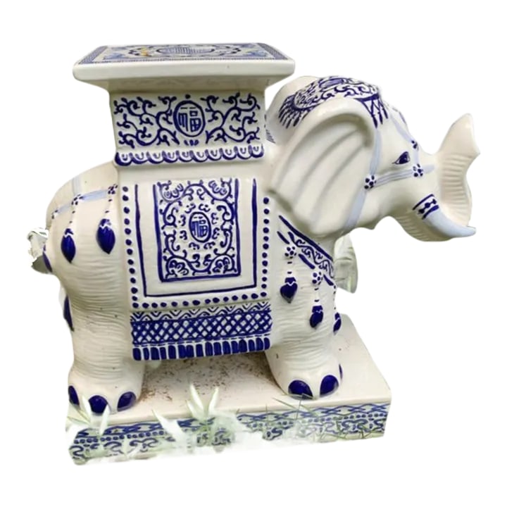 Vintage Chinoiserie Blue & White Porcelain Elephant Side Table/Garden Stool: This vintage blue & white Chinoiserie elephant side table Hand painted blue over white glazed porcelain. 7.75''W * 16.25''D * 18''H Condition: Alterations: Unknown Imperfections: Some Imperfections Co