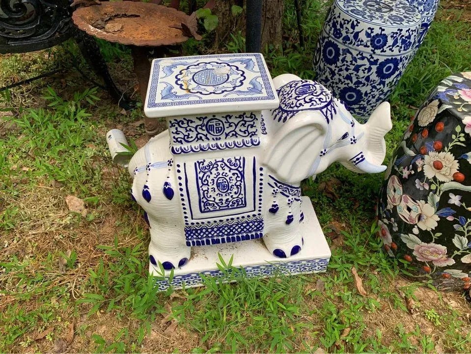 Vintage Chinoiserie Blue & White Porcelain Elephant Side Table/Garden Stool - 2