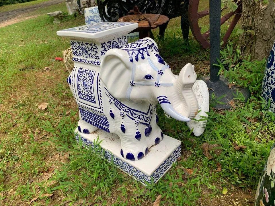 Vintage Chinoiserie Blue & White Porcelain Elephant Side Table/Garden Stool - 3