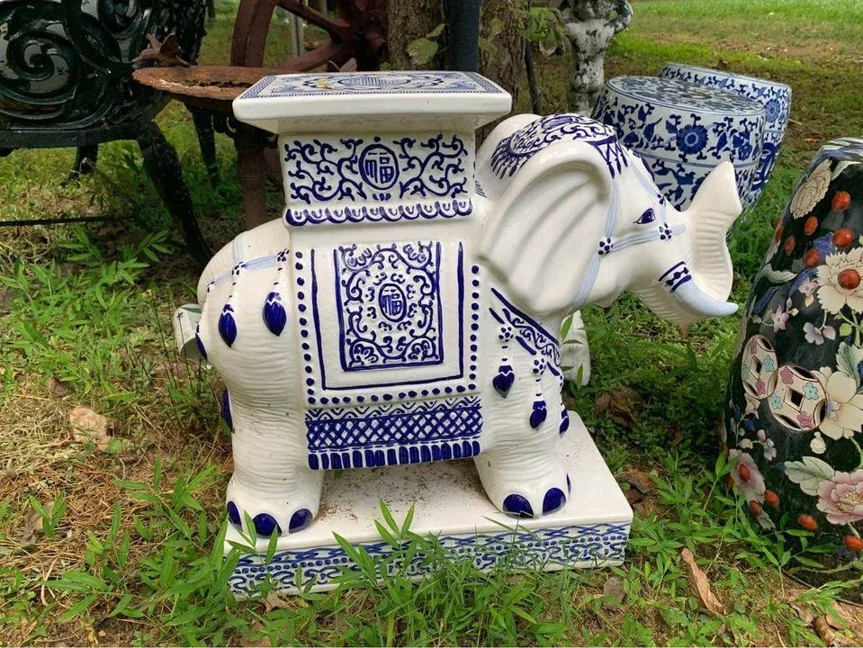 Vintage Chinoiserie Blue & White Porcelain Elephant Side Table/Garden Stool - 4