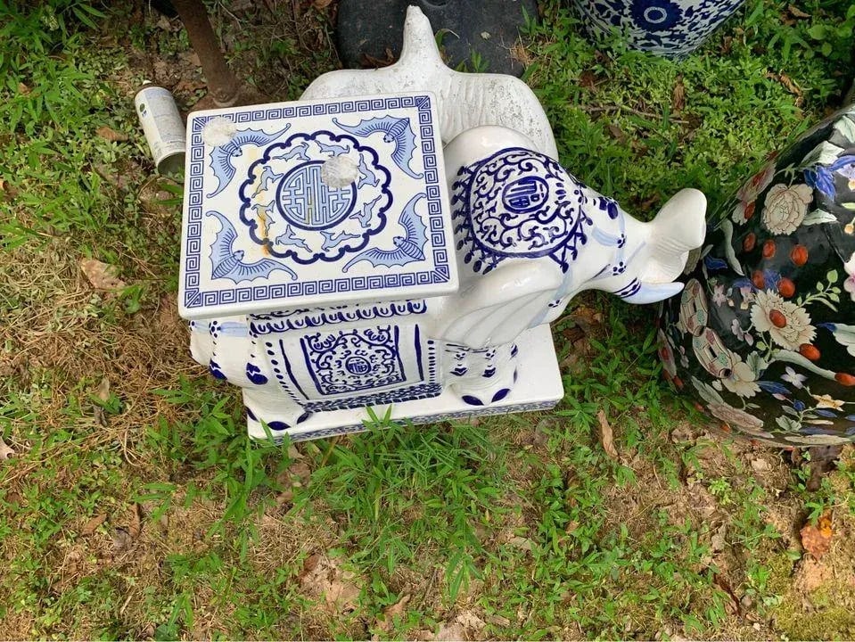 Vintage Chinoiserie Blue & White Porcelain Elephant Side Table/Garden Stool - 5