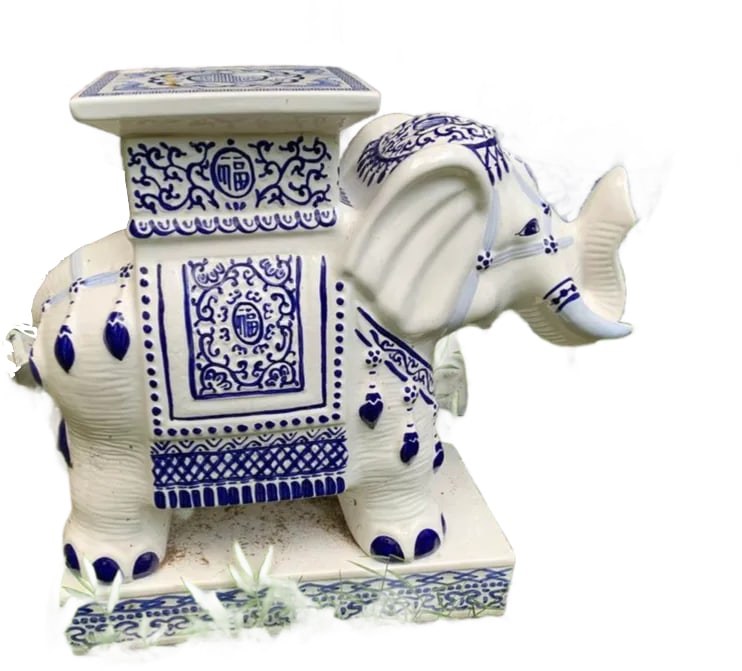 Vintage Chinoiserie Blue & White Porcelain Elephant Side Table/Garden Stool - 6