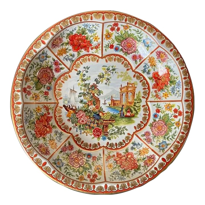 English Victorian Red Roses Toleware Bowl, Plate or Tray by Daher- Large: A beautiful Victorian roses and sailing ship scenery on this toleware large bowl with English design, circa late 20th century, England, Europe. Gold accents decorate the rim, flower and leaf motif, an