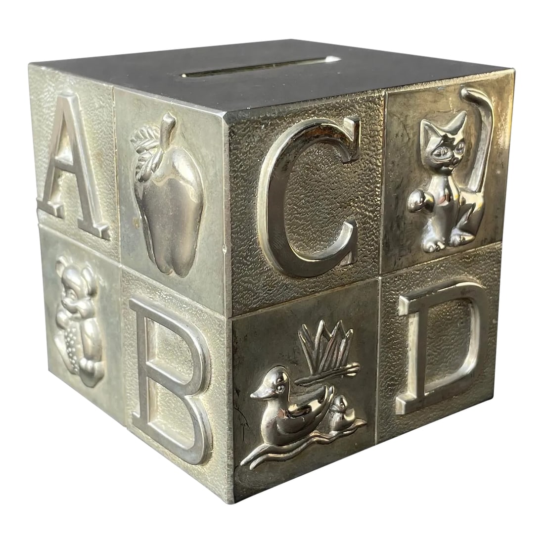 Mid Century Silver Plated Child's ABC's Alphabet Bank: Up for grabs is this adorable mid century silver plated child's piggy bank. It is complete with the bottom plug that simply turns to open/unlock. Great mid century designs all around the piece.