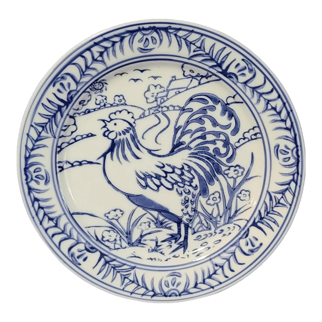 Late 20th Century Williams-Sonoma Country French Blue & White Roosted Salad Plate: Add a touch of French country charm to your dinnerware collection with this beautiful salad plate from William Sonoma. The plate features a delicate blue rooster pattern on a white ceramic background.