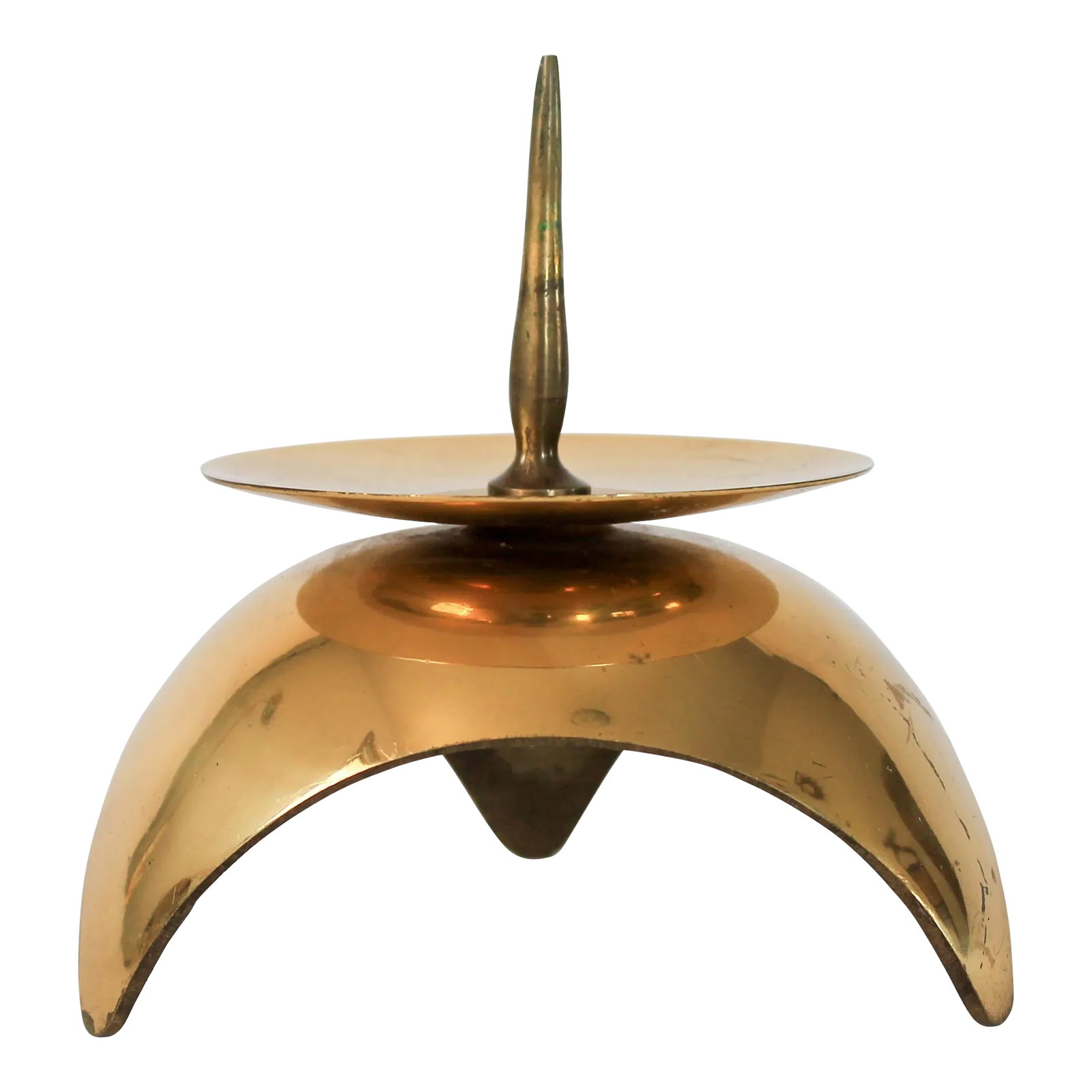 Mid-Century Brass Candle Holder: Mid-century brass candle holder. No makers mark. Some age wear to brass finish. Condition: Alterations: Original Condition Unaltered Imperfections: Some Imperfections Condition Notes: Some age wear
