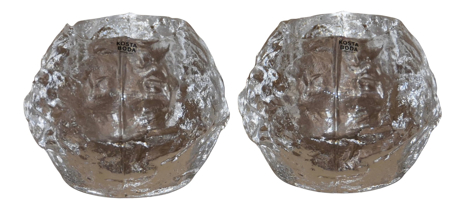Kosta Boda 4" Glass Snowball Votive Candle Holders - Set of 2: A set of 2 vintage Swedish art glass votive candle holders by Kosta Boda. Designed by Ann Wolff. Great realistic shapes, made of clear glass with an opening in the center for holding a candle. In