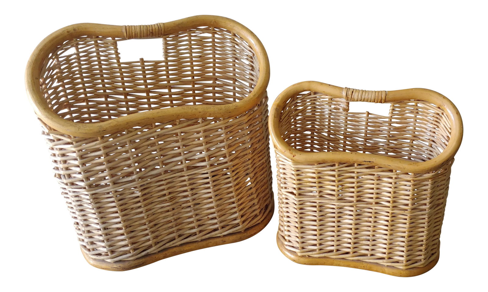 Early 20th Century Bamboo Magazine Basket Set: Beautiful vintage magazine baskets . Perfect for any style of decor. Small basket HT 13" x W 6" x L 12.5" Big Basket HT 16" x L 16 x W 16" YT/LL CC Unit-1095 Condition: Alterations: Original Condition