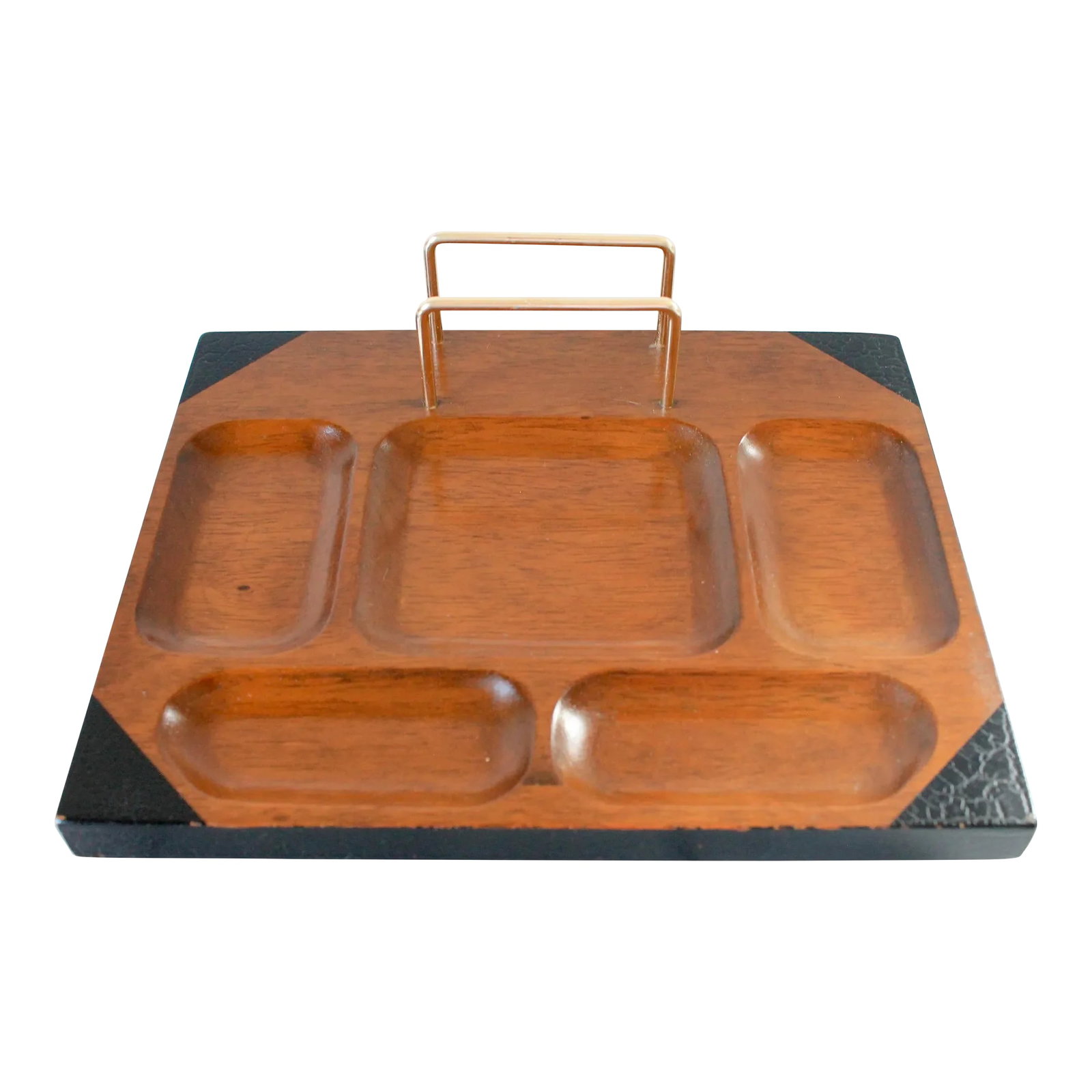 Mid-Century Walnut Dresser Top Valet by Swank: Mid-century walnut dresser top valet with black faux leather accents. Brass wallet holder. Marked, "Swank". Made in Japan. Some age wear. Pictured. Condition: Alterations: Original Condition Unaltered