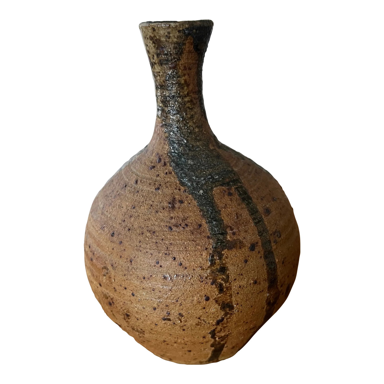 Late 20th Century Handmade Small Brown Beige Drip Glaze, Japanese Wabi Sabi Stoneware Bud Vase: Beautiful little handmade pottery bud vase. Natural earth stoneware with black brown glaze drip detail in a mid century Japanese wabi sabi style 5"h x 3" w Vase opening is under 1" Condition: Alterati