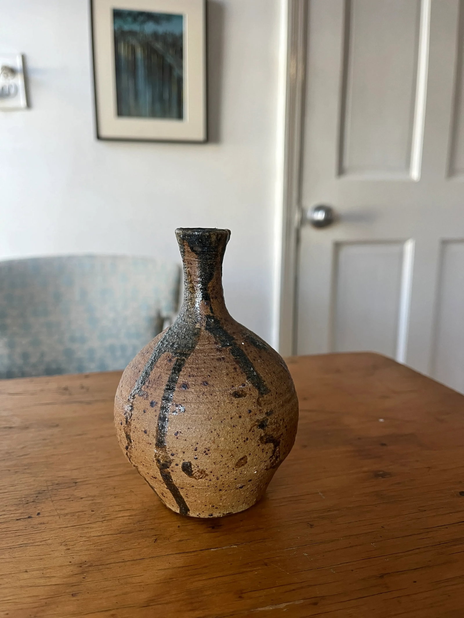 Late 20th Century Handmade Small Brown Beige Drip Glaze, Japanese Wabi Sabi Stoneware Bud Vase - 2
