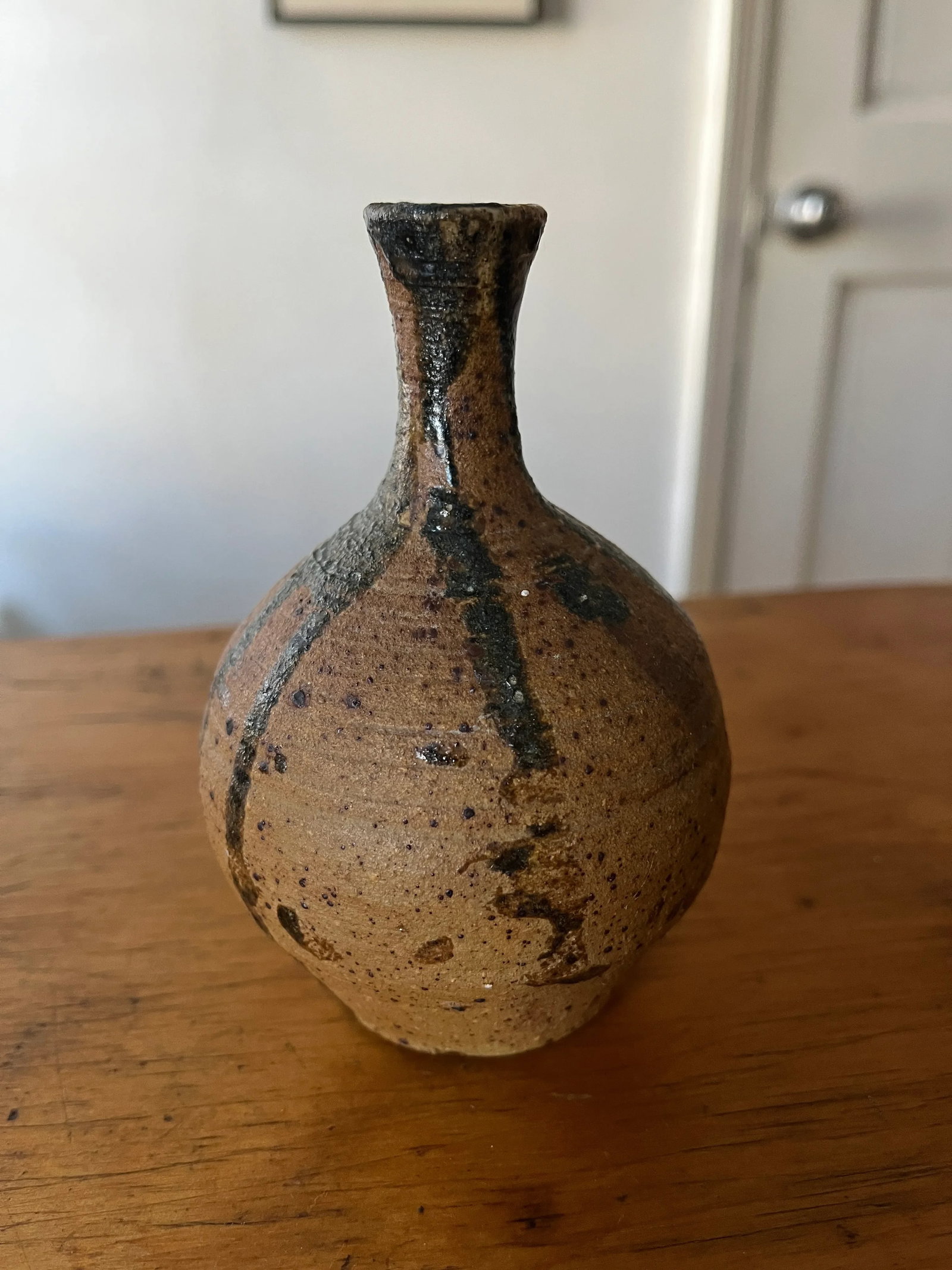 Late 20th Century Handmade Small Brown Beige Drip Glaze, Japanese Wabi Sabi Stoneware Bud Vase - 3