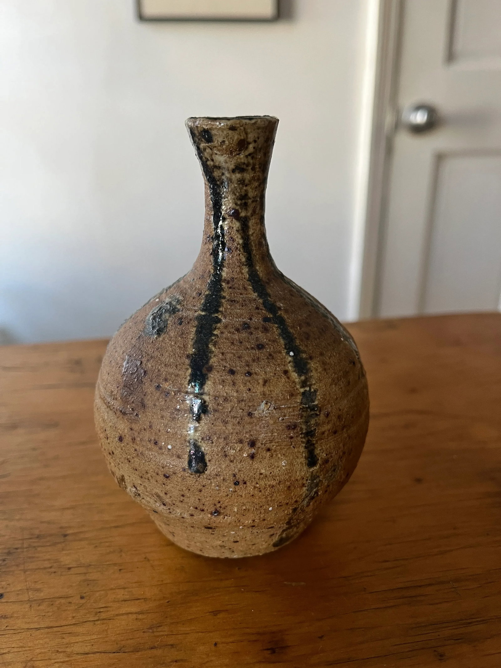 Late 20th Century Handmade Small Brown Beige Drip Glaze, Japanese Wabi Sabi Stoneware Bud Vase - 4