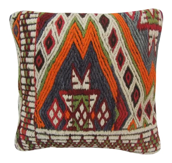 Embroidered Kilim Pillow: This is a pillow cover made from a vintage kilim rug. The piece was properly washed and ready to use. Pillow inserts not included. Condition: Alterations: Original Condition Unaltered Imperfections: