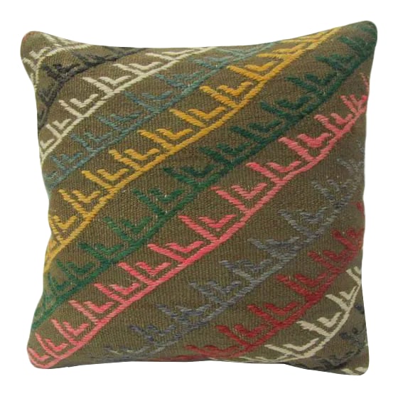 Embroidered Kilim Pillow: This is a pillow cover made from a vintage kilim rug. The piece was properly washed and ready to use. Pillow inserts not included. Condition: Alterations: Original Condition Unaltered Imperfections: