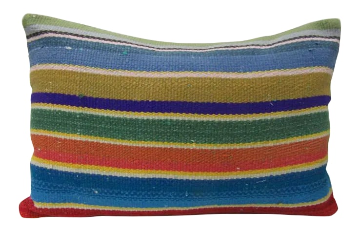 Colorful Striped Decorative Kilim Pillow: This is a pillow cover made from a vintage kilim rug. The piece was properly washed and ready to use. Pillow inserts not included. Condition: Alterations: Original Condition Unaltered Imperfections: