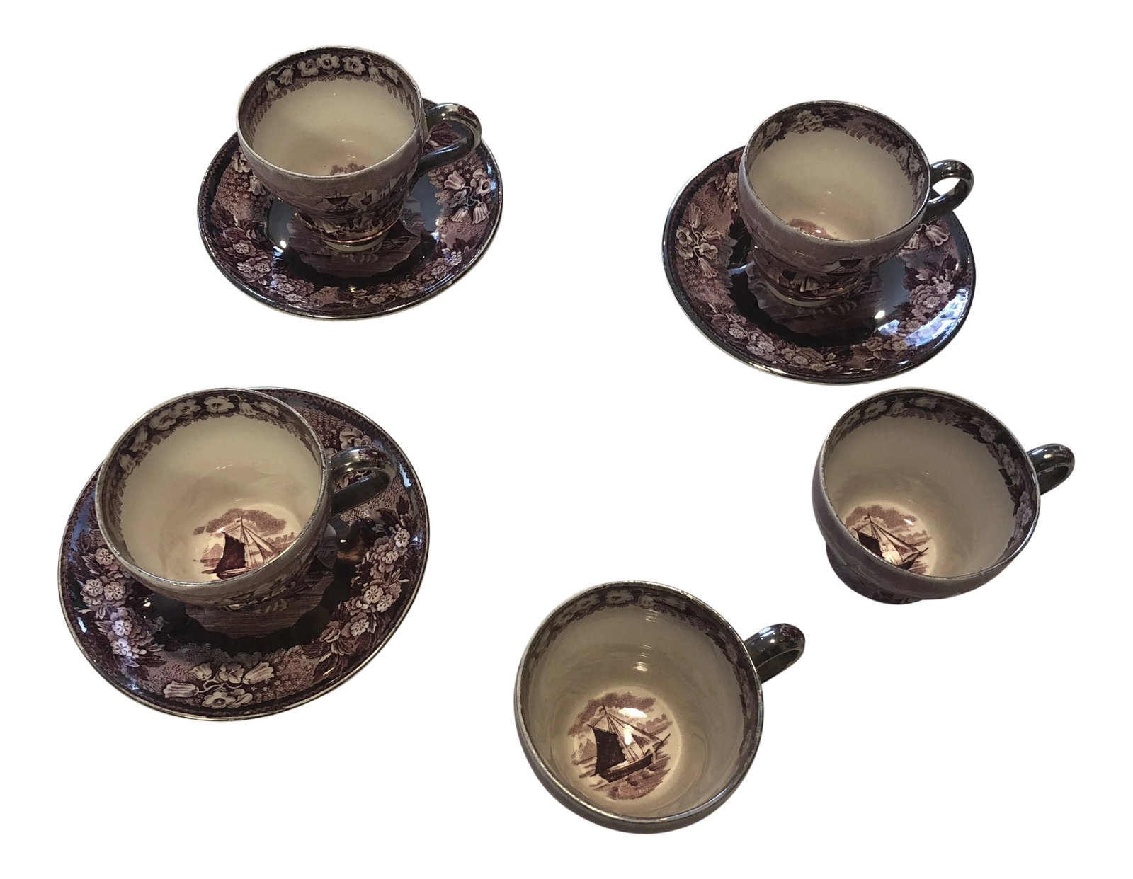 18th Century Wedgewood Asian Cup and Saucer Set - 9 Piece Set: Wedgewood teacup and saucer set. There are (5) teacups and (3) saucers. All pieces are numbered and are the FERRARA pattern made in England. Condition: Alterations: Original Condition Unaltered Imperf