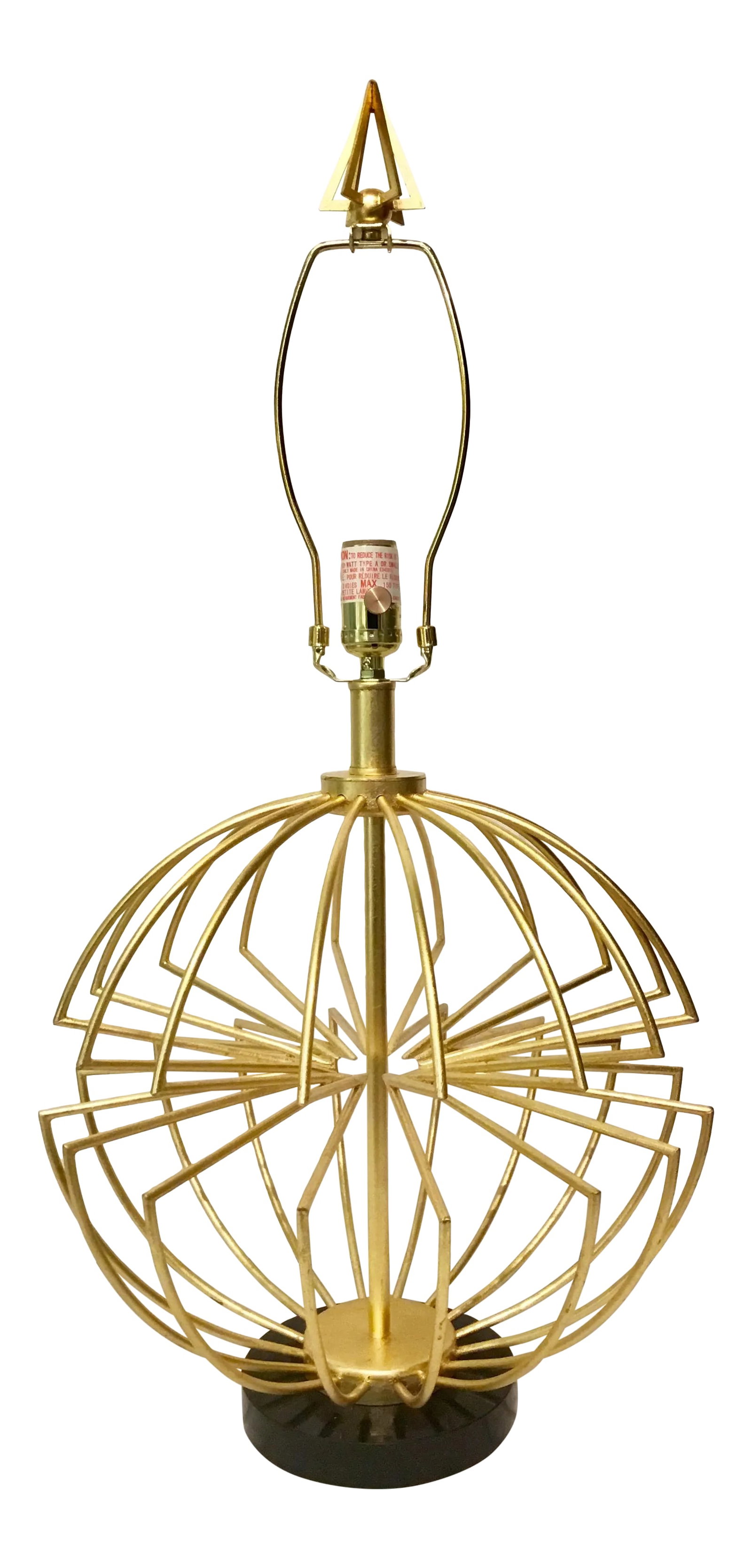 Currey & Co. Modern Gold Sphere Table Lamp: Stylish Currey & Co. Modern Gold Sphere Table Lamp, gold leaf finished metal, black stone base, complimentary geometric finial, showroom floor sample Body Height: 15" Condition: Imperfections: Some Im