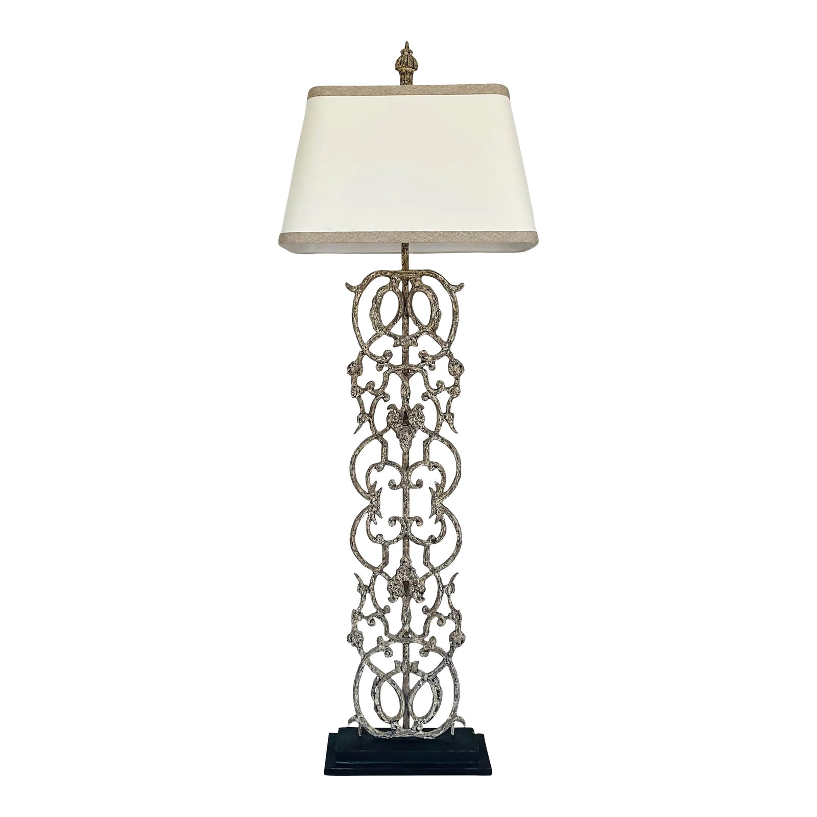 Currey & Company Transitional Aged Iron Scroll Floor Lamp: Stylish Currey & Co. Transitional Aged Iron Scroll Floor Lamp, black base, showroom floor sample, black base, off-white fabric shade with taupe trim, showroom floor sample Condition: Imperfections: So