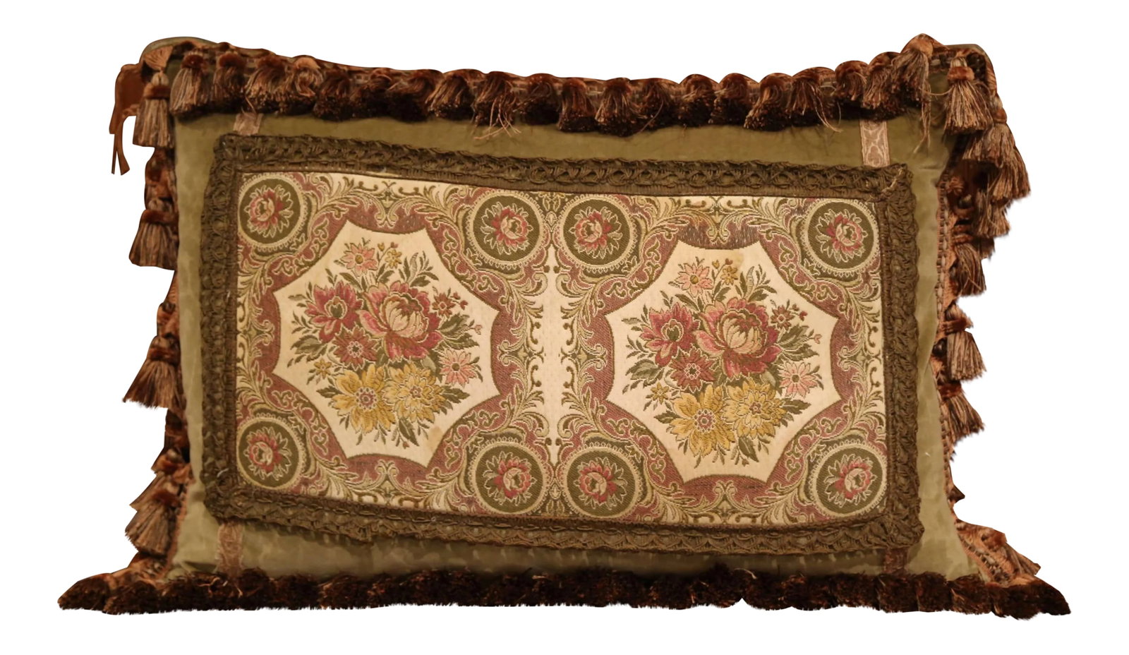 Handmade French Velvet Pillow With Floral Tapestry Fragment Medallion: Decorate a bed or living room couch with this custom velvet and tapestry pillow. The rectangular, plush pillow is made from scratch using an verdure tapestry fragment with floral decor. The pillow is