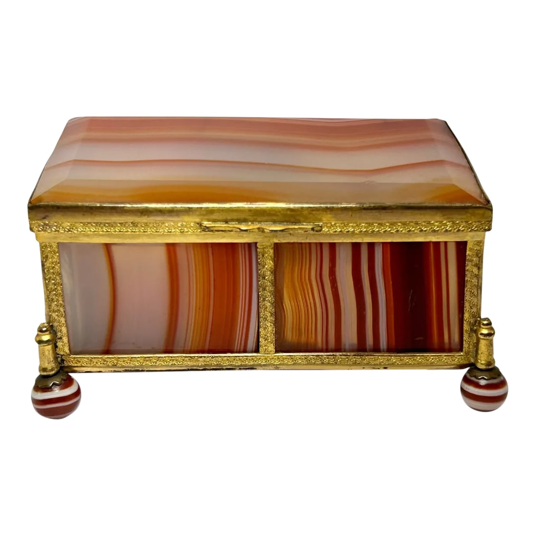 French Red Agate & Ormolu Box: Antique Red Agate & Ormolu Box, Having A Molded Edge Agate Top Encased In An Perforated Ormolu Frame, Opening To Conforming Body, Ending On Rounded Agate Feet. Late 19th century. H. 1.25 in. W. 3.375