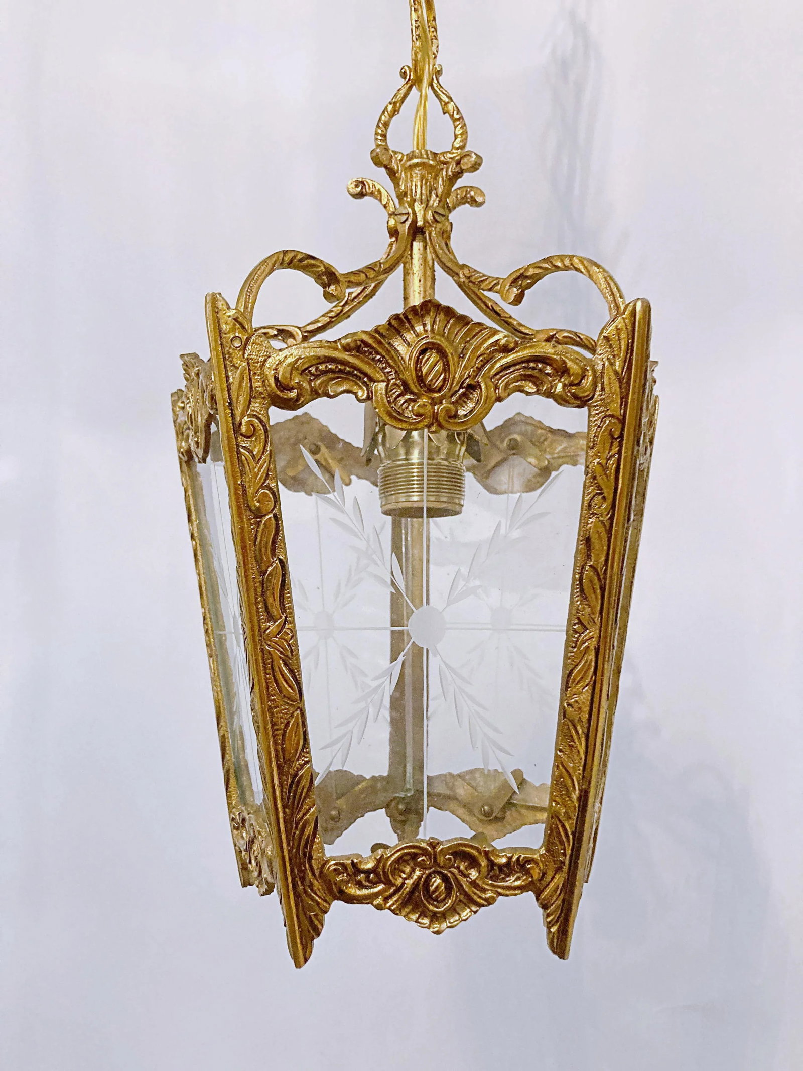 Vintage Bronze Lantern With Etched Glass Panels - 2
