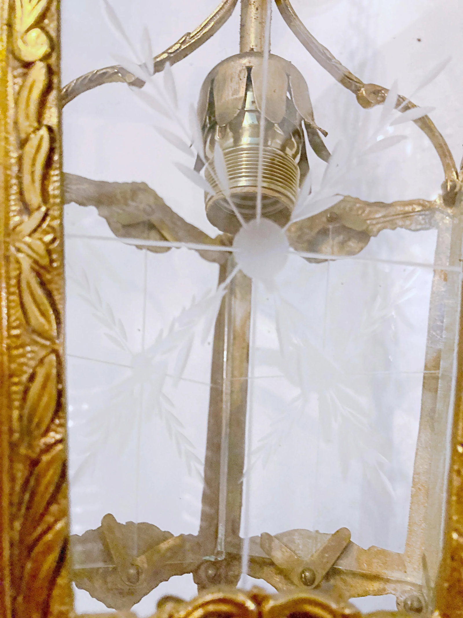Vintage Bronze Lantern With Etched Glass Panels - 3