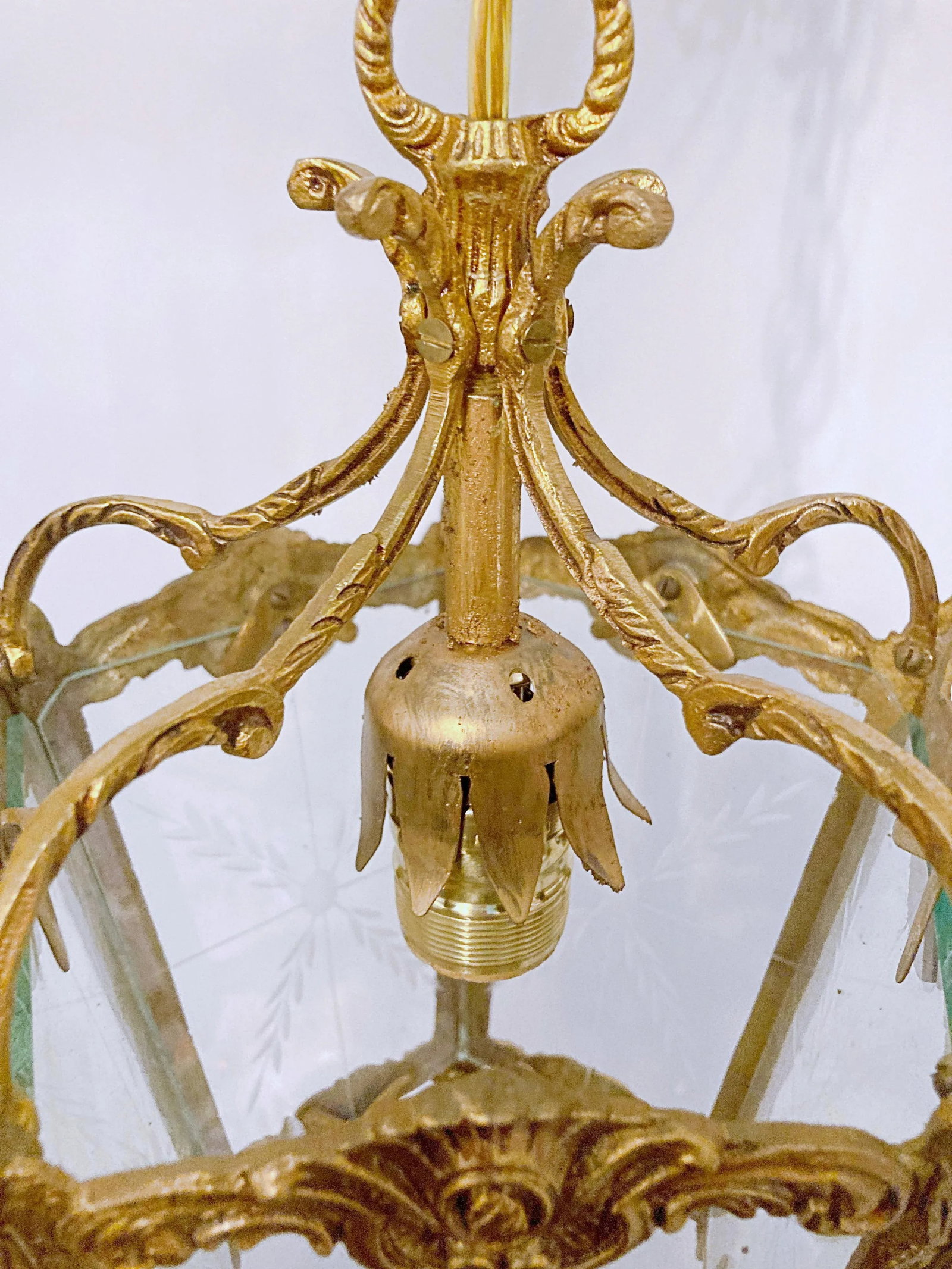 Vintage Bronze Lantern With Etched Glass Panels - 6