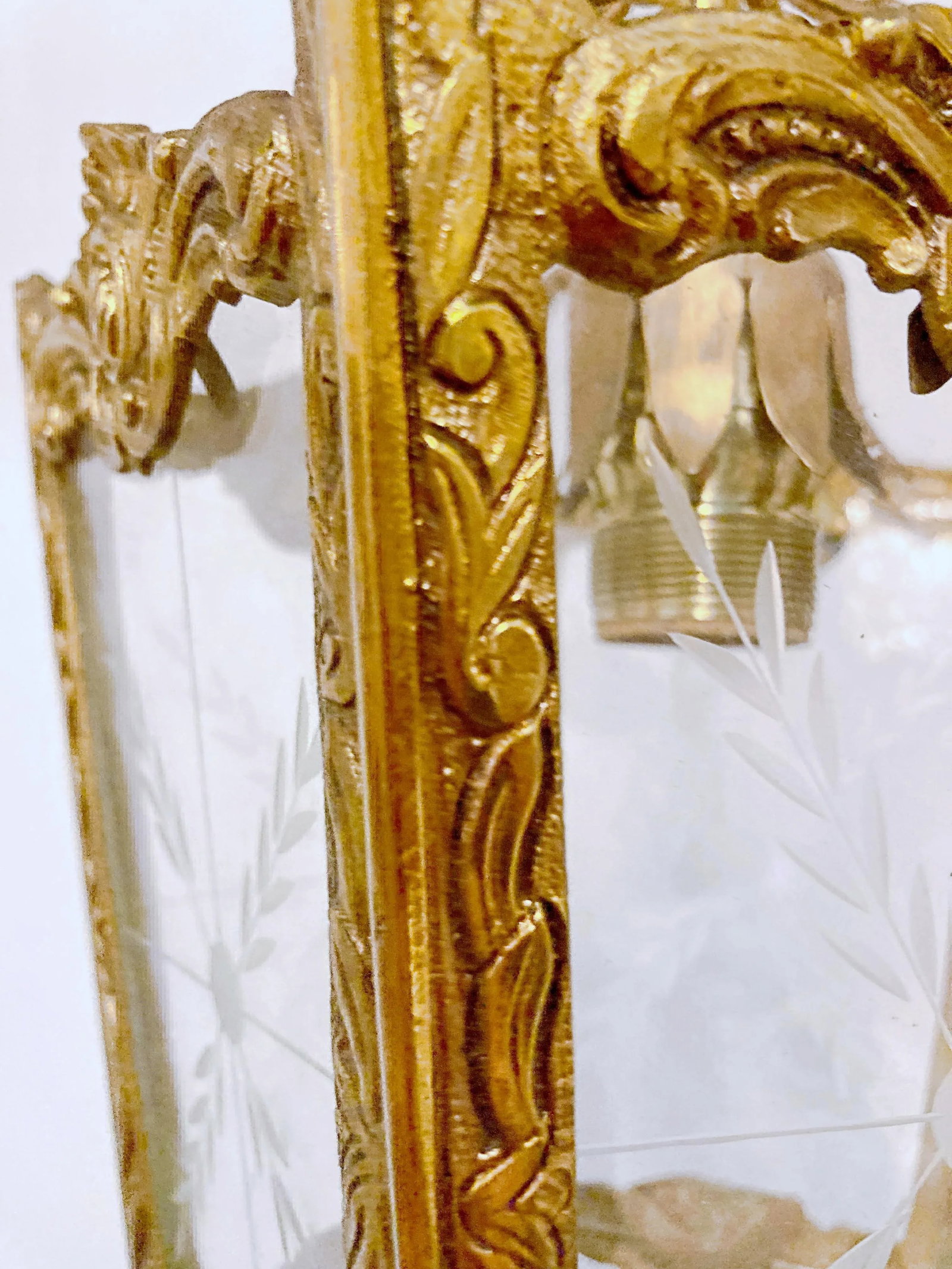Vintage Bronze Lantern With Etched Glass Panels - 7