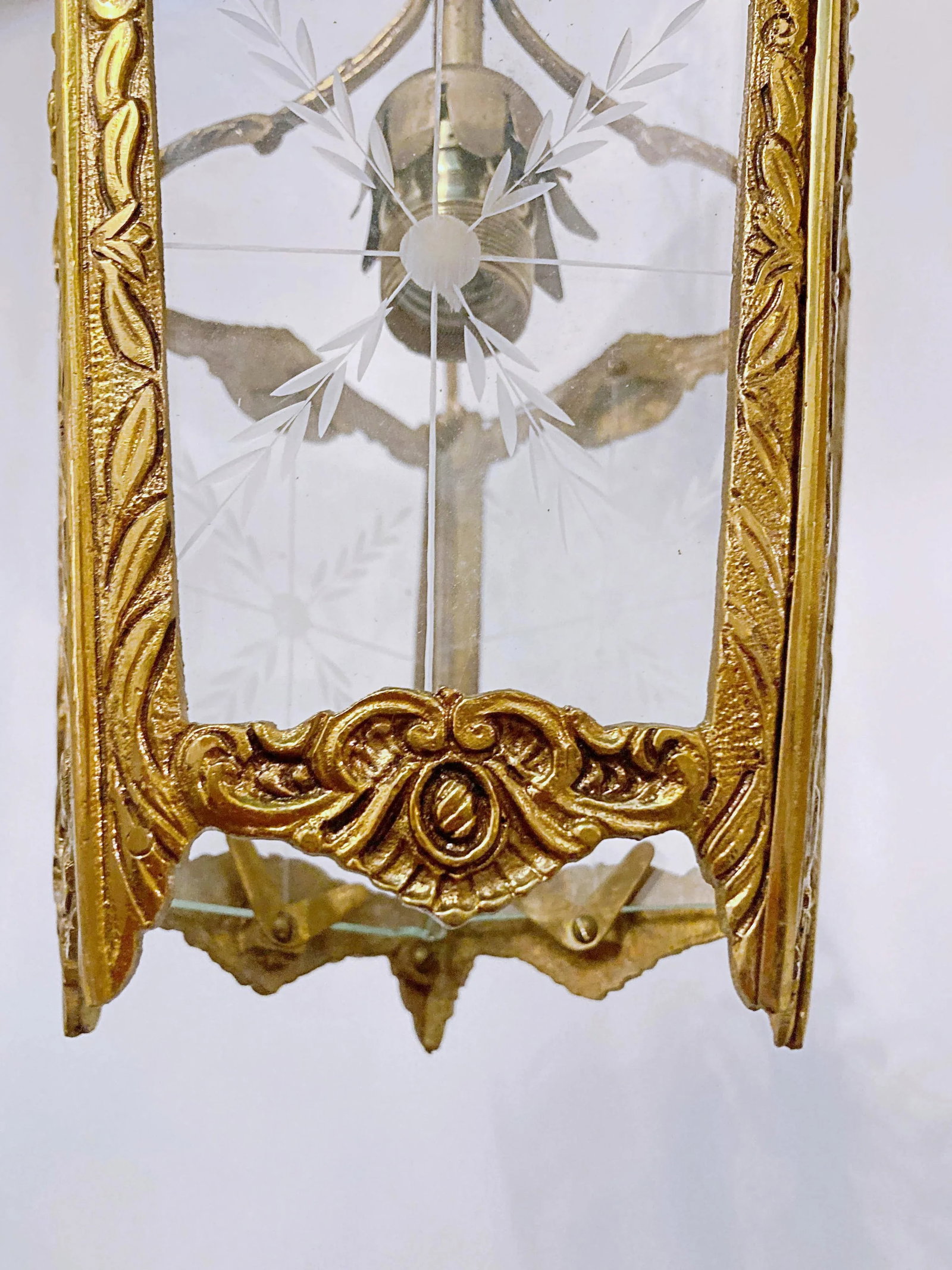 Vintage Bronze Lantern With Etched Glass Panels - 8