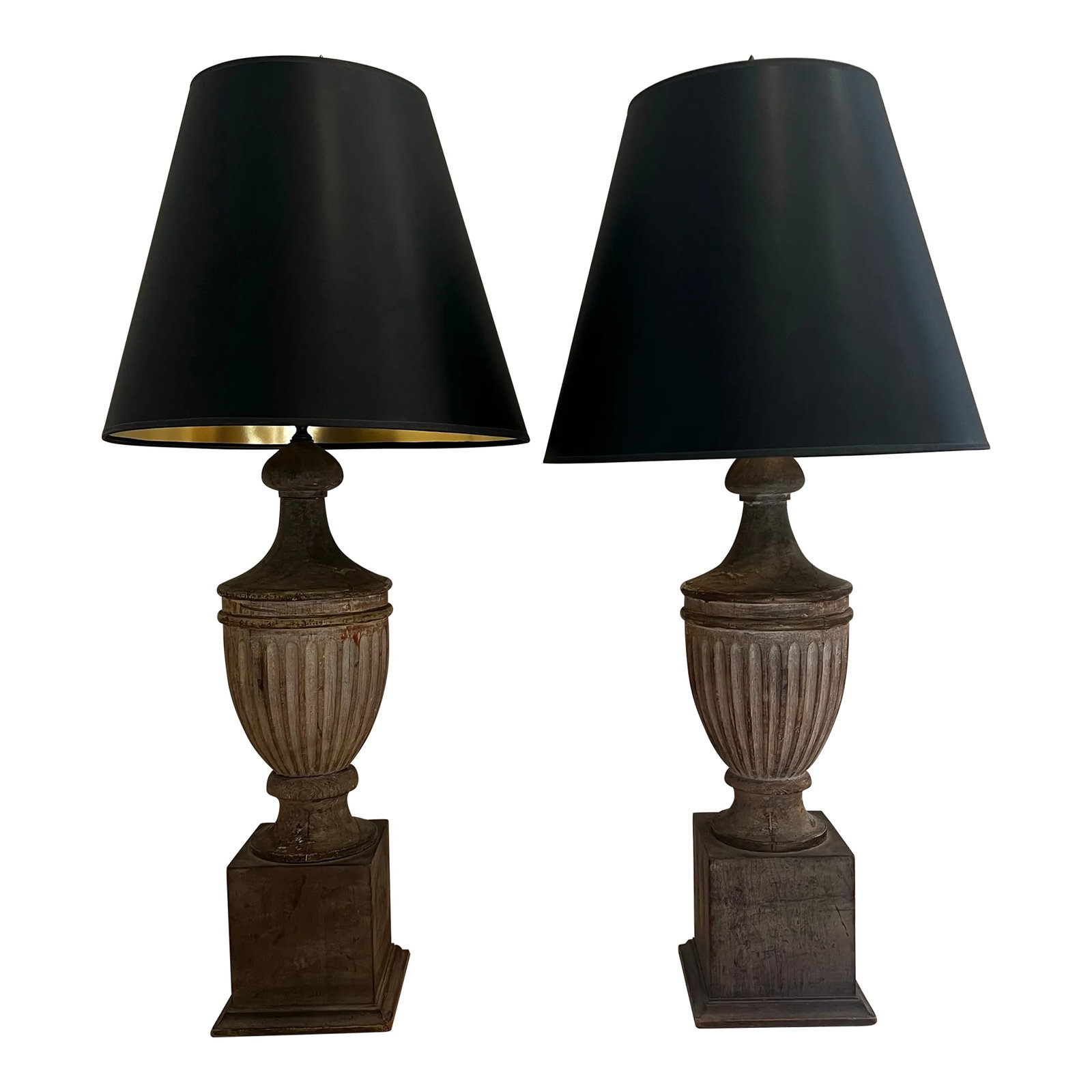Vintage Weathered Wooden Table Lamps - a Pair: Classical wooden lamps. Aged beauties with imperfections, in chic gray textured wood finish. Condition: Alterations: Unknown Imperfections: Some Imperfections Condition Notes: The lamp bases are fille