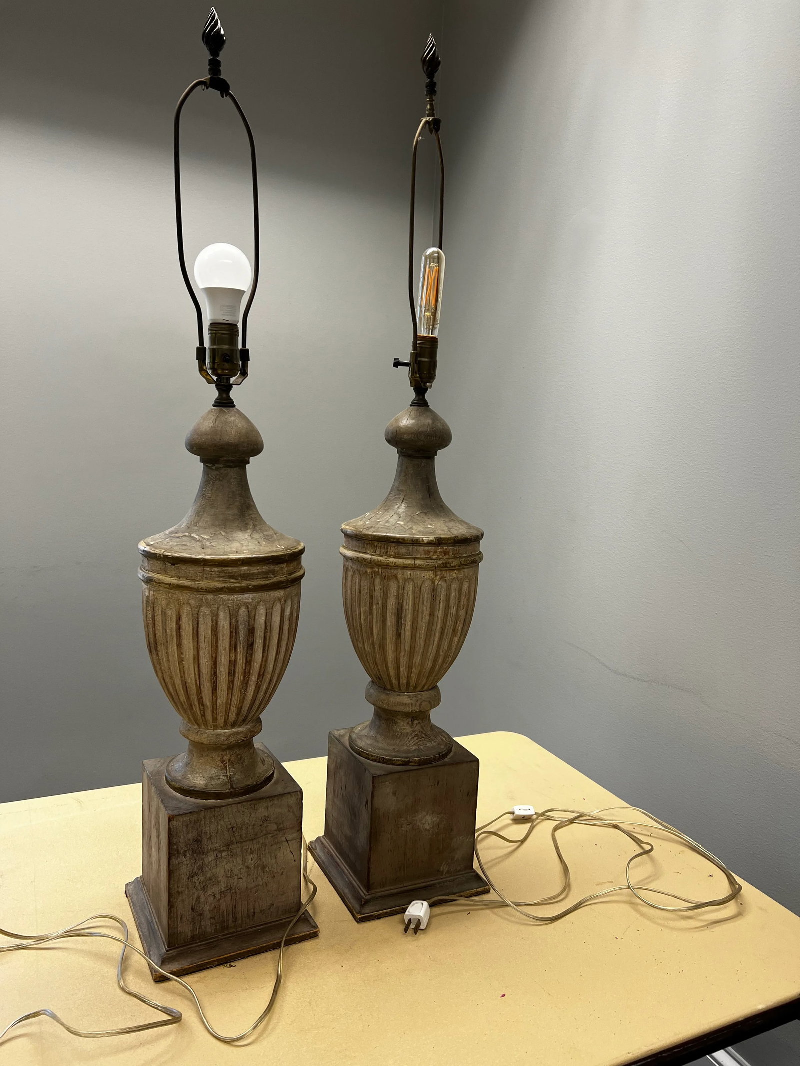 Vintage Weathered Wooden Table Lamps - a Pair - 6