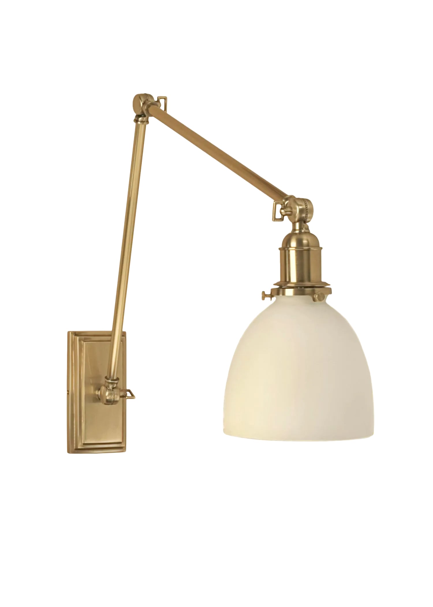 Three Key Wall Light: Great light for next to a comfy chair or guest bed. Two large arms are adjusted with three "keys". Made from solid cast brass with a detailed, 3" x 6" backplate, it is lightly antiqued. The frosted 6"