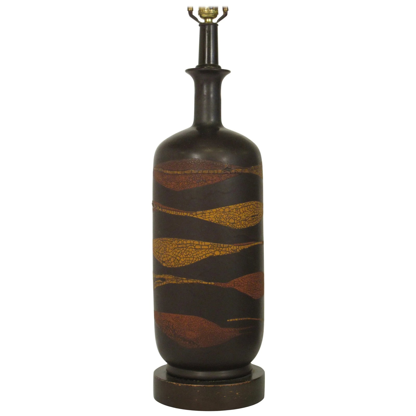 Midcentury Ceramic Snakeskin Pattern Brown Lamp on Wood Base - 7