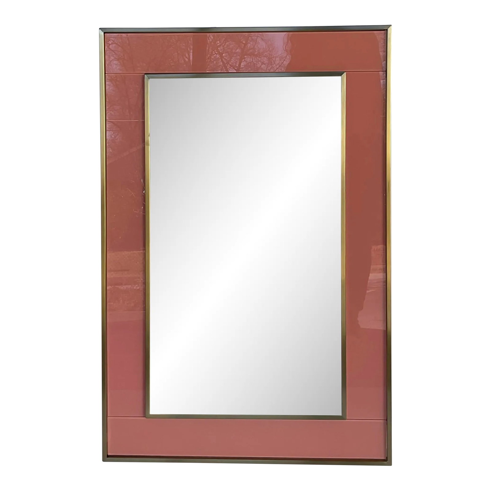 Modern Brass and Salmon Glass Wall Mirror: Stylish Modern Brass and Salmon Glass Wall Mirror, showroom floor sample Condition: Imperfections: Some Imperfections Condition Notes: Showroom floor sample, not brand new from a box but never used