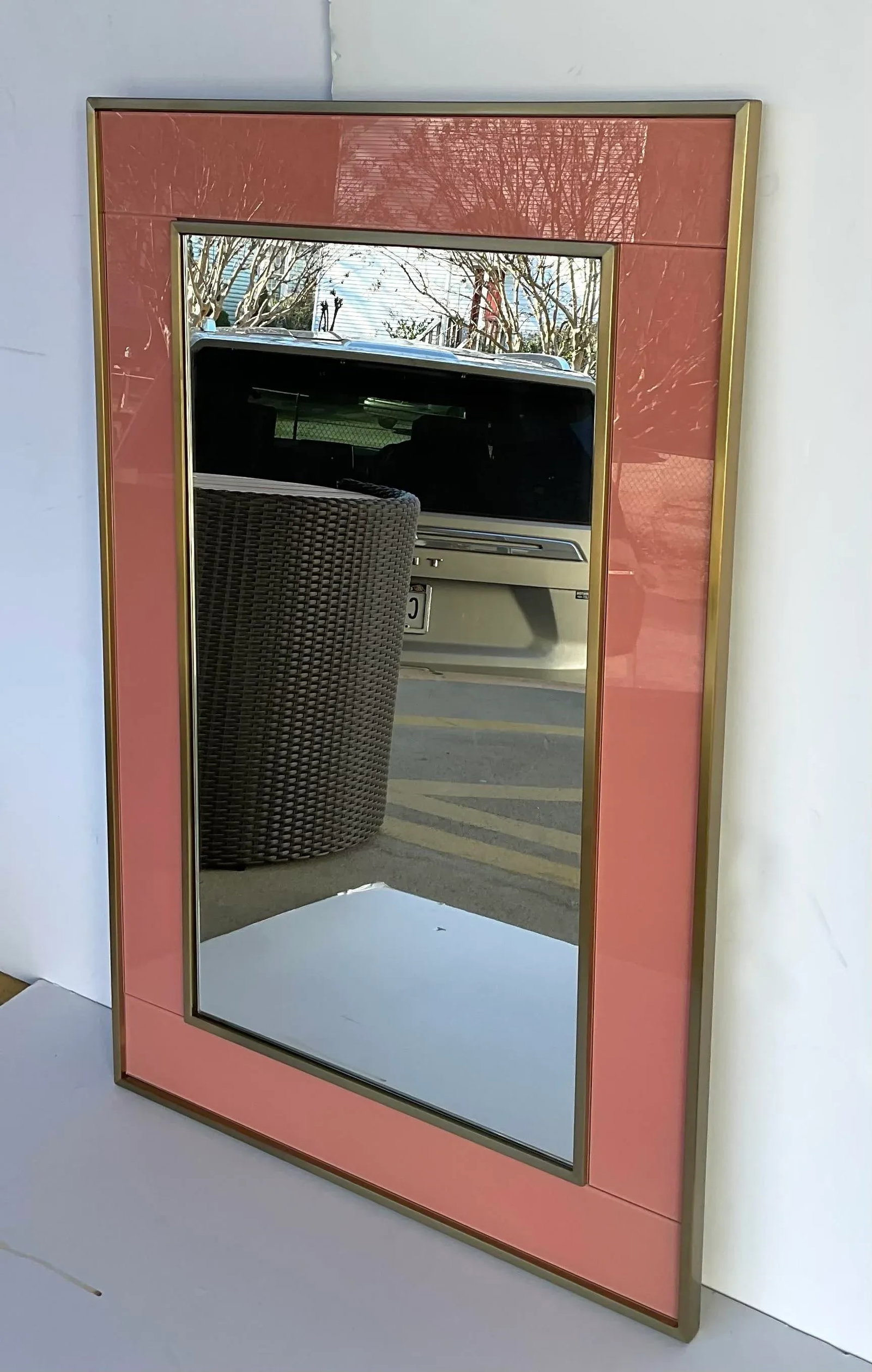 Modern Brass and Salmon Glass Wall Mirror - 2