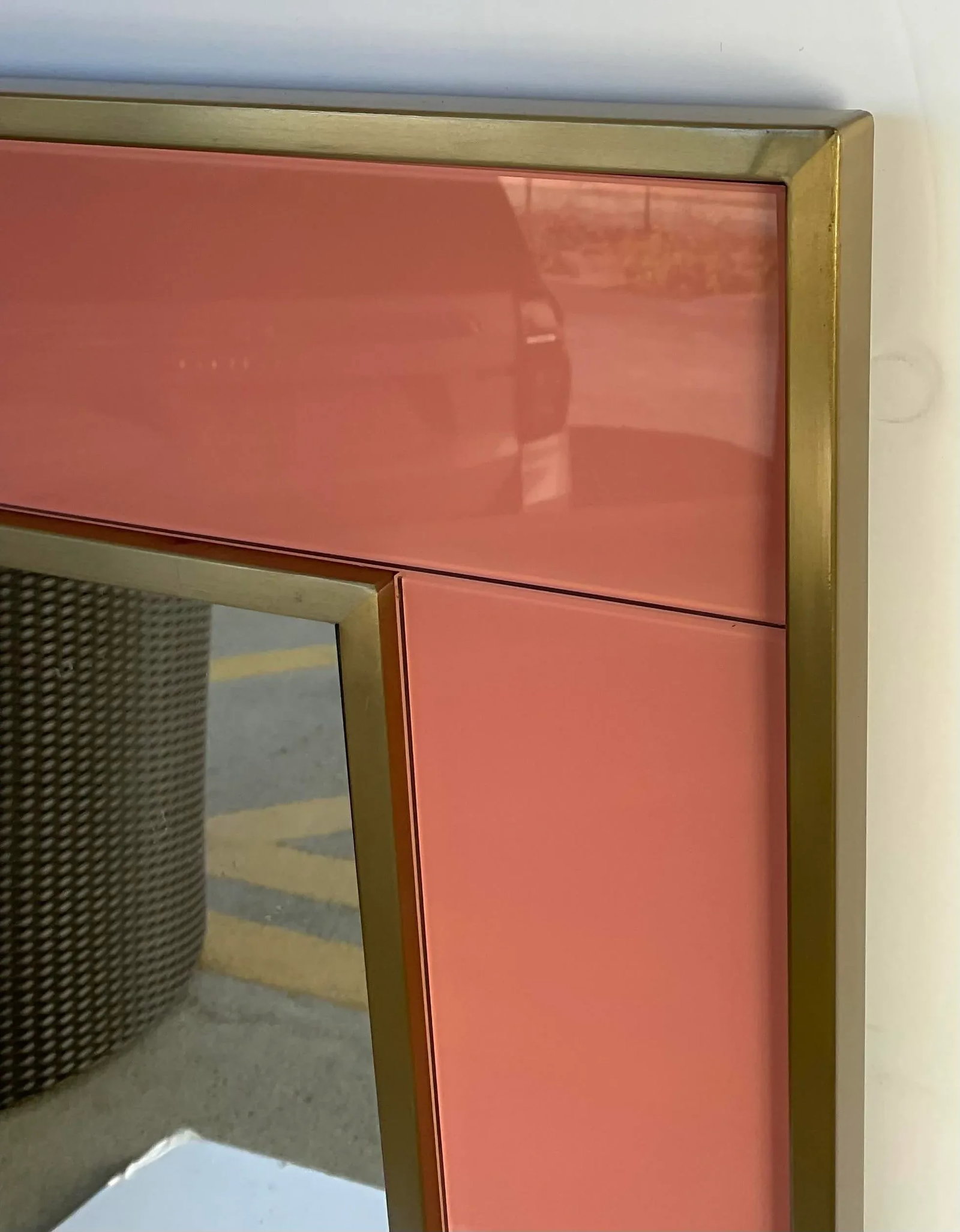 Modern Brass and Salmon Glass Wall Mirror - 3