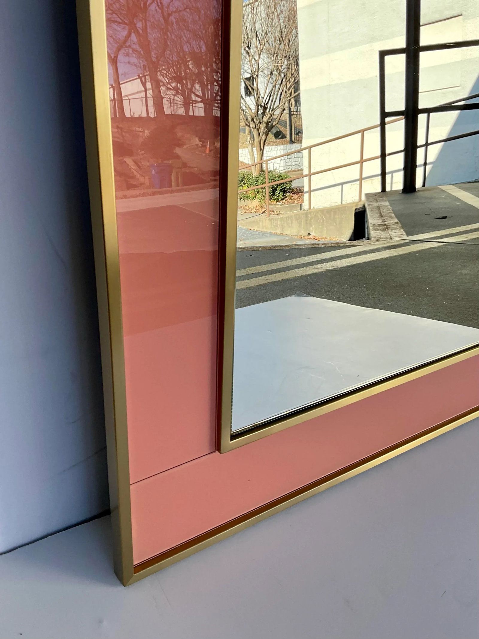 Modern Brass and Salmon Glass Wall Mirror - 4