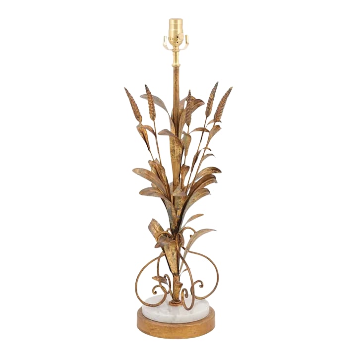 Italian Tole & Gilt Wheat Table Lamp - 1950s: This is a beautiofully gilded tole Italian table lamp from the 1950s. The simple marble and gilded stacked bases create a clean look that would help it fit in a number of spaces. The patina is what