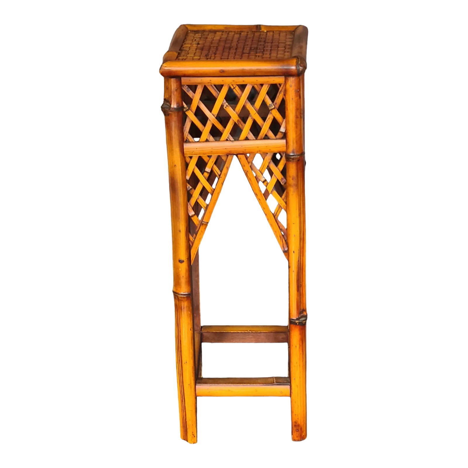 Vintage Mid 20th Century Bamboo Pedestal Plant Stand: Enhance the charm of your indoor space with this beautifully crafted vintage bamboo pedestal plant stand. The 30-inch tall and 10-inch wide square-shaped stand is perfect for placing your favorite