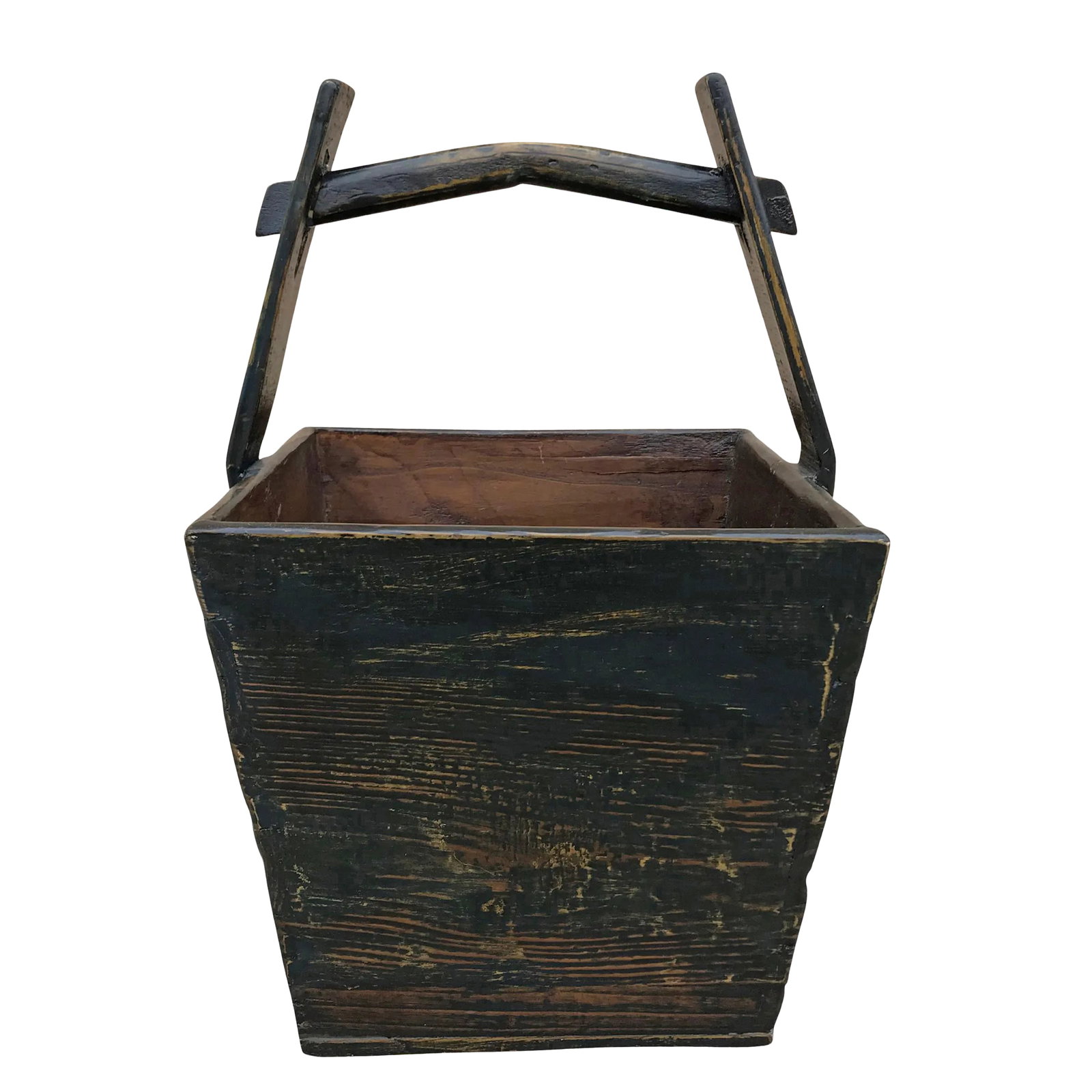 Chinese Lacquered Grain Bucket: An early 20th century Chinese elmwood grain bucket with a beautiful dark blue lacquer and a wonderful carved wood through tenon handle. Condition: Alterations: Original Condition Unaltered