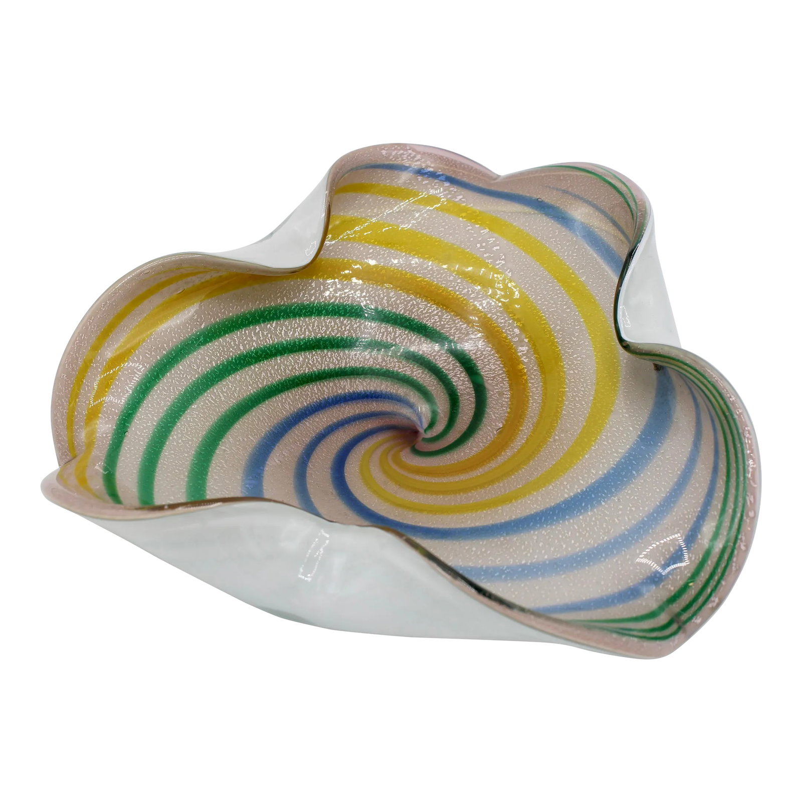 Mid 20th Century Italian Murano Glass Bowl / Cachepot: A stunning Italian Murano glass decorative bowl. This is a statement piece that could be used for display or practicality. The swirls are bright blue, yellow, and green against a pale blush