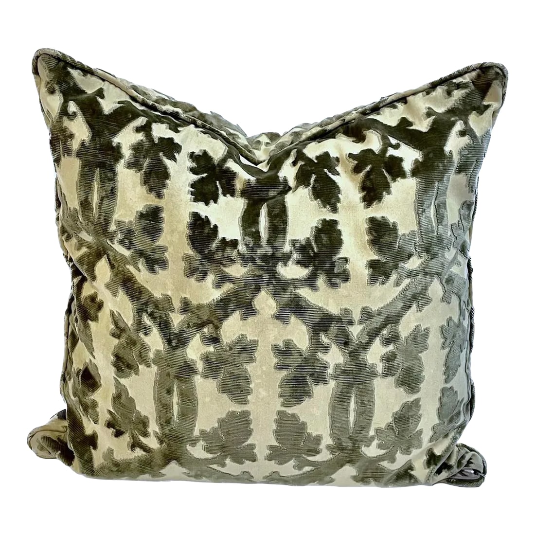 Vintage Clarence House Leaf & Vine Pillow: Vintage custom raised brown velvet abstract leaf and vine pillow on a beige cotton fabric background. Fabric by Clarence House. No makers marks. Down fill and zipper closure. Condition: Alterations: