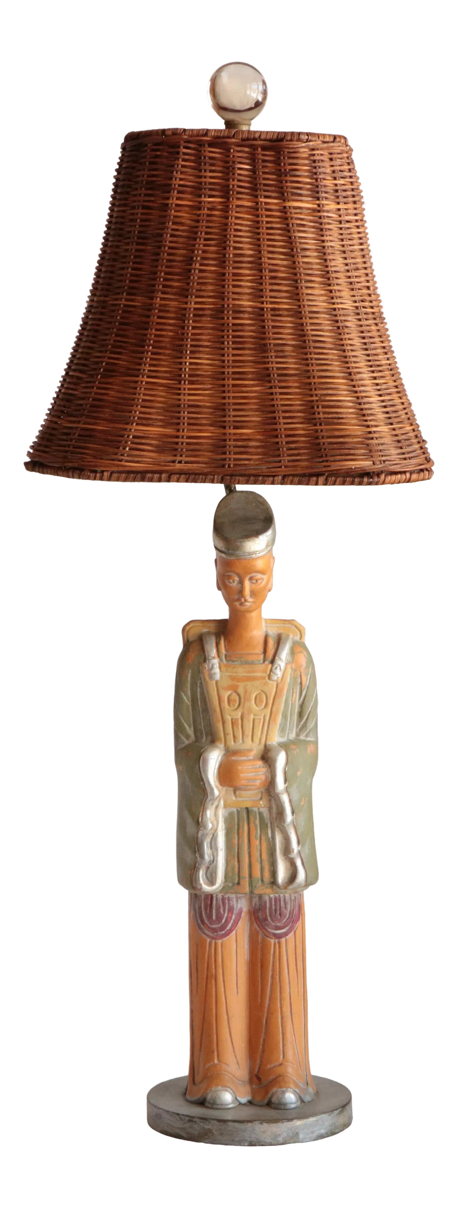 Carved Wooden Temple Figure Table Lamp: This vintage table lamp was made from a hand carved wooden figure with a distressed paint finish. It measures 32" to the top of its harp, 23" to the top of its socket. Offered wired as found with a wo