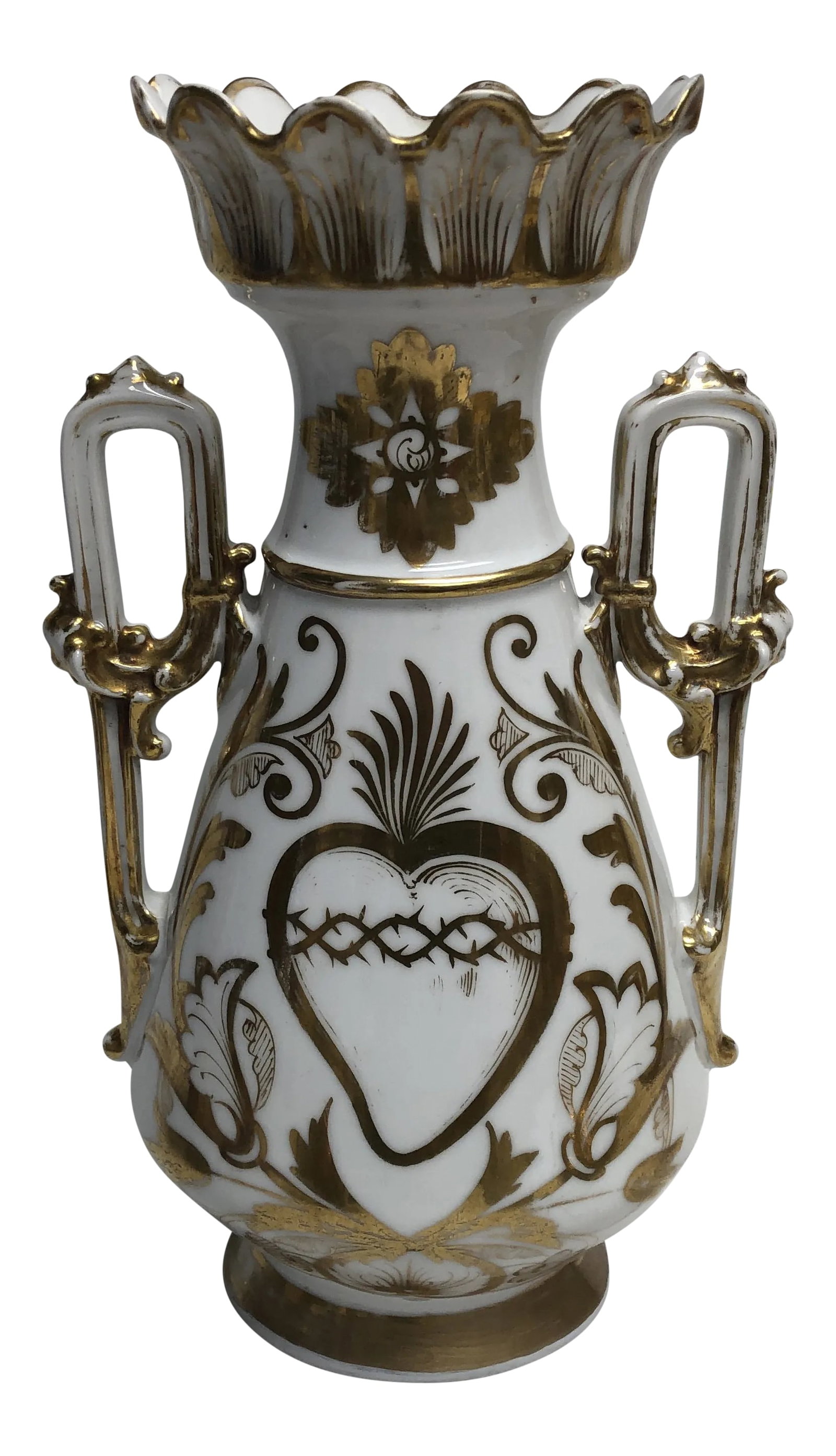 Antique Old Paris Gilt Altar Vase: Stunning French Old Paris altar vase with gilded details throughout. There is a gilded heart and thorn in center. Condition: Alterations: Original Condition Unaltered Imperfections: Some
