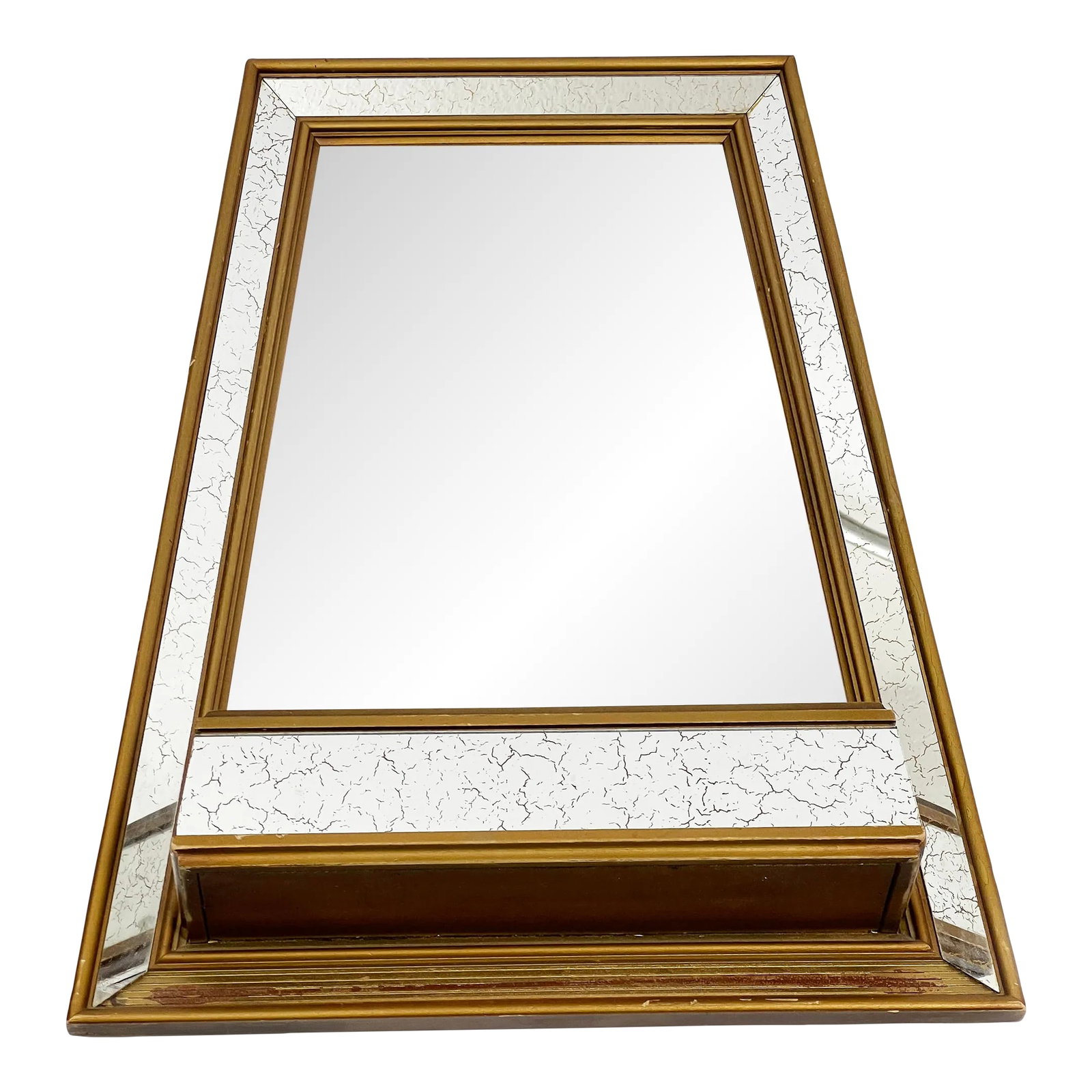 1957 Windsor Angular Gold Gilded Wood and Gold Vein Mirror With Shelf: This 1950's beauty screams mid century!! It has an eye catching angular shape with a central mirror and bordering gold vein mirrored panels. At the very bottom, right above the lower frame panel there