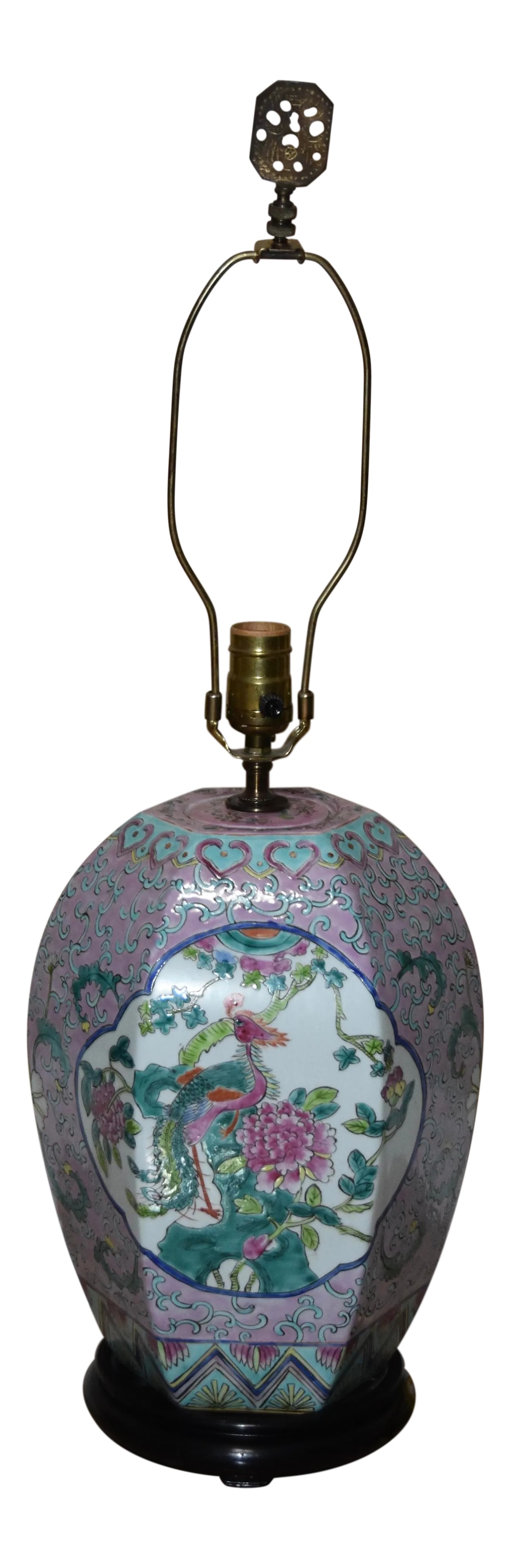 Nyonya Phoenix Octagonal Ginger Jar Lamp: This absolutely stunningly beautiful large antique Chinese porcelain ginger jar was converted into a vintage lamp and features a carved wood pedestal base. In working order and in great condition with