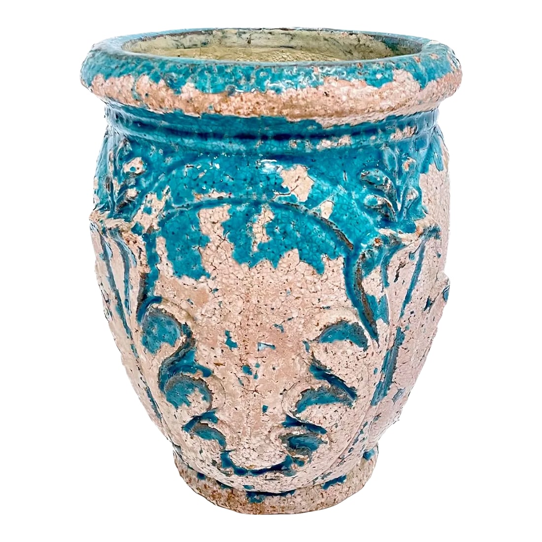 Aged Turquoise Glaze Acanthus Leaf Pot: Aged and distressed turquoise acanthus leaf planter pot. No maker's marks. Wonderful aged finish. Condition: Alterations: Original Condition Unaltered Imperfections: Some Imperfections Condition Notes