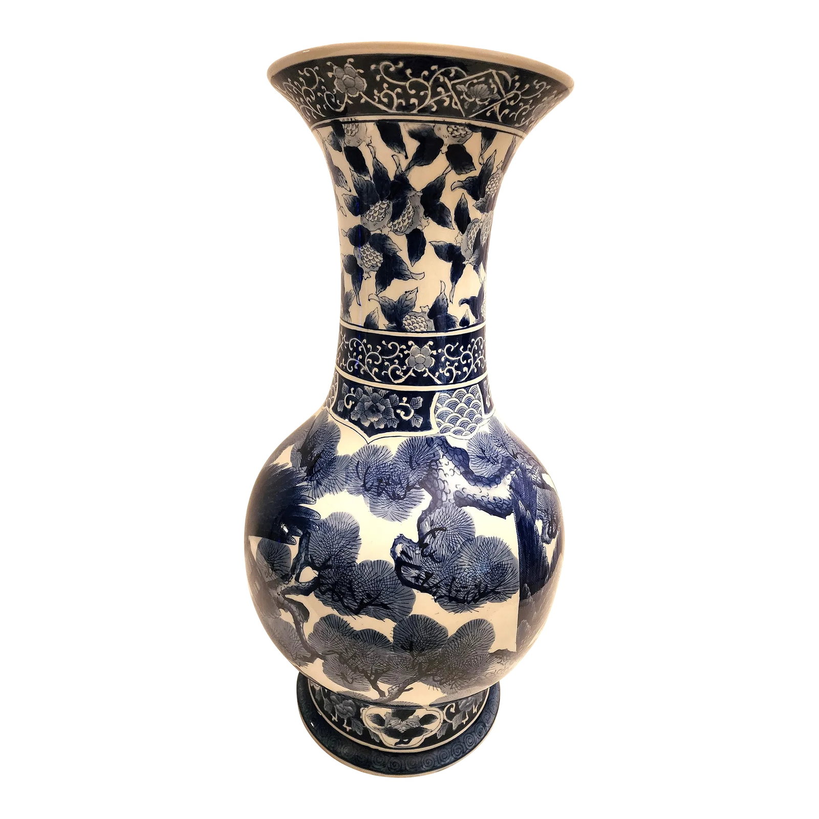 Mid 20th Century Blue and White Chinese Porcelain Satsuma Floor Vase: A large hand-painted Satsuma floor vase with a traditional phoenix landscape design 27"H x 14"W x 14" D. Condition: Alterations: Original Condition Unaltered Imperfections: Some Imperfections