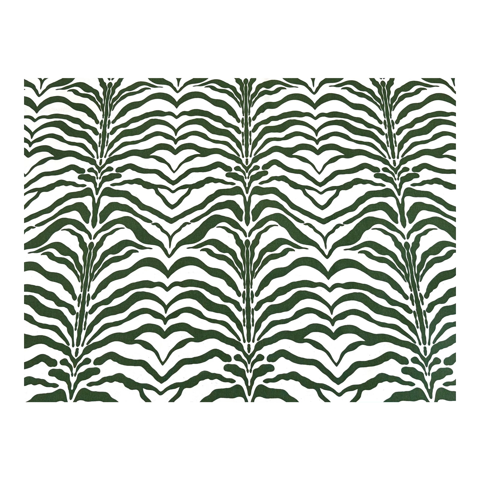 Green Rose Cumming Zebrine Fabric - 3 Yards: Animal print for the ages and an iconic pattern in Rose Cumming's collection, Zebrine II. Hand screen printed fabric on natural cotton canvas. Green animal print. Width: 54" Repeat: 13 1/2" H, 17